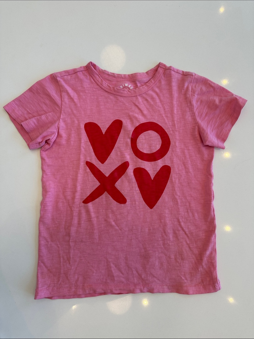 Primary Pink Tee with Red XOXO Heart Graphic
